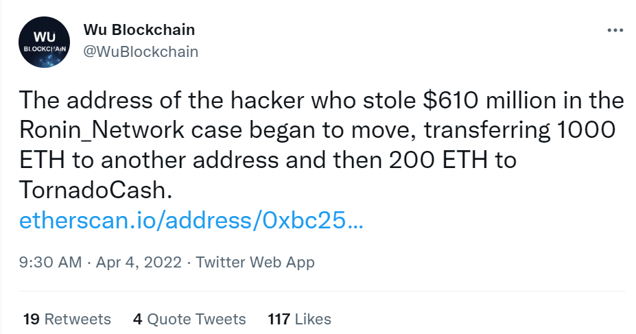 Tweet by Wu Blockchain